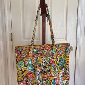 Vera Bradley Tote Bag Yellow Paisley Print Quilted Large Shoulder Bag